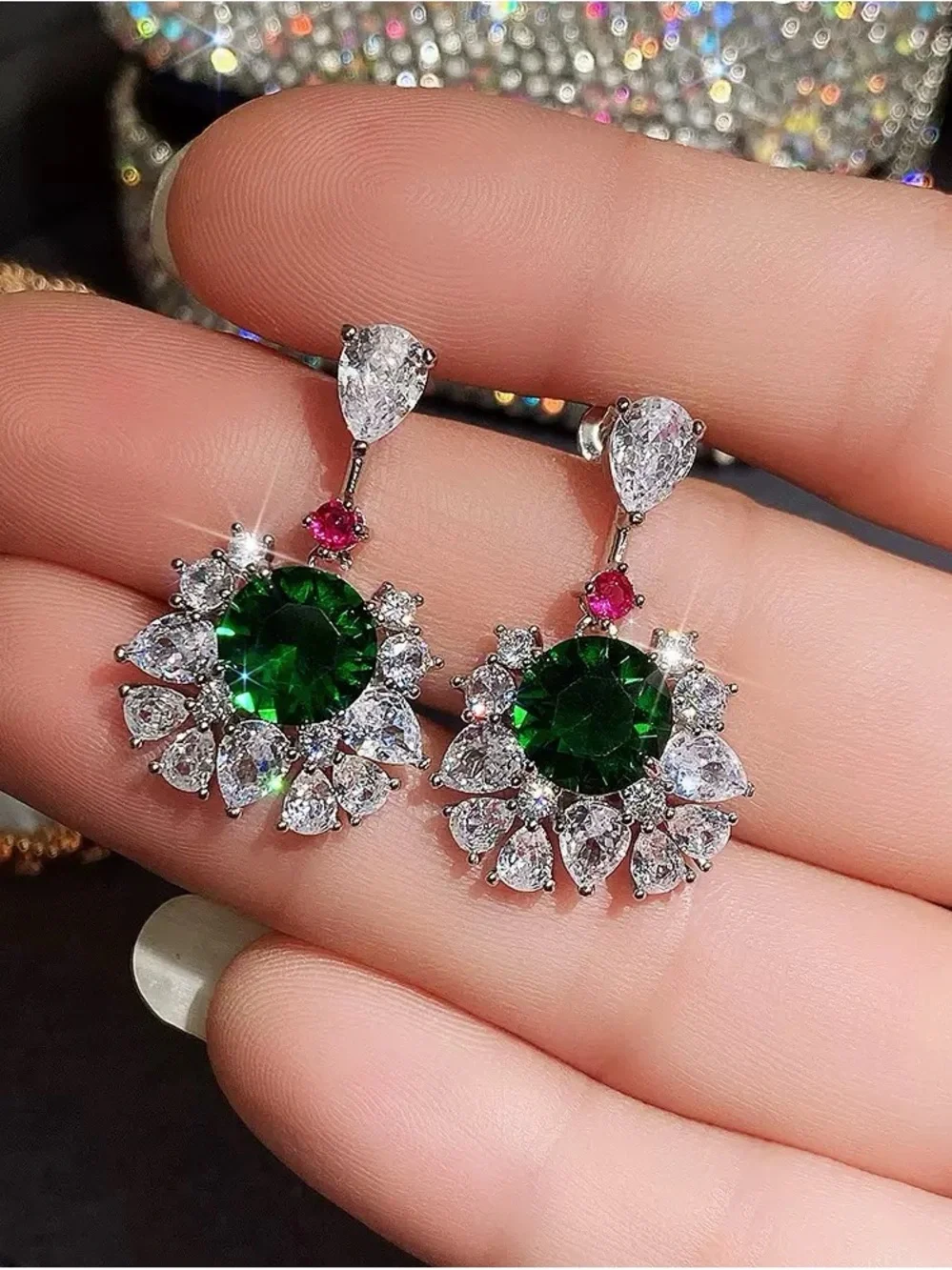 Anthropologie Emerald and Pink Halo Drop Earrings